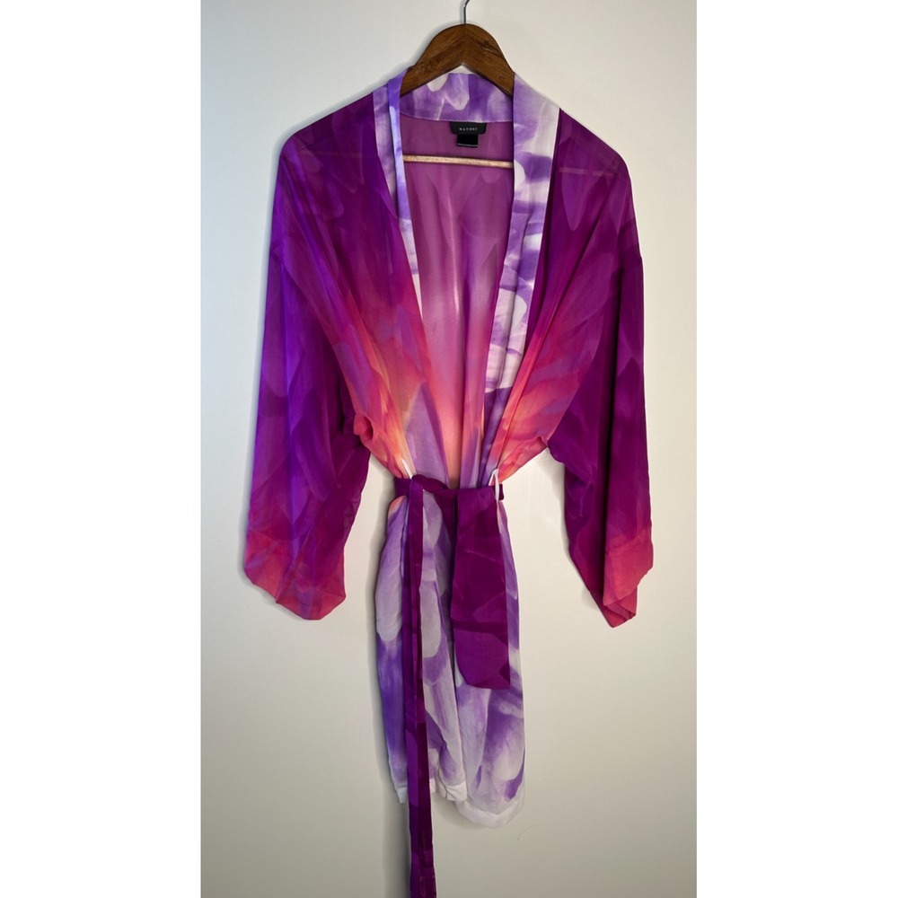 Natori Floral Watercolor Sheer Chiffon Kimono Robe Purple Tie Pockets Medium - Picture 4 of 11